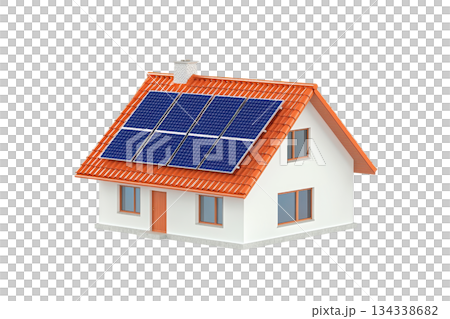 A small house featuring a red-tiled roof and solar panels installed on top. 134338682