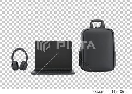A sleek laptop, stylish backpack, and modern headphones arranged neatly together. 134338692