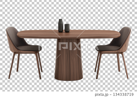 A modern wooden dining table with two stylish chairs, complemented by two decorative vases. 134338719