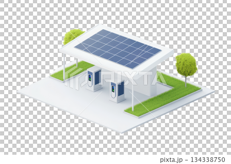 A modern solar charging station featuring solar panels, electric charging points, and greenery. 134338750