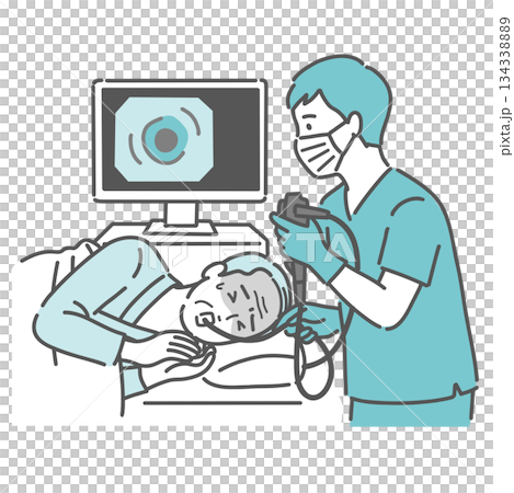 An elderly man suffering from gastroscopy (oral endoscopy, gag reflex) 134338889