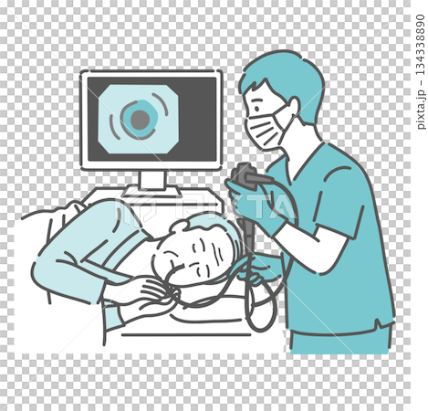 鼻からの胃カメラ検査を落ち着いて受ける高齢男性（経鼻内視鏡） 134338890