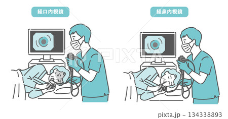 高齢女性の経口内視鏡と経鼻内視鏡の比較イラスト(苦痛と安楽の違い) 高齢女性の経口内視鏡と経鼻内視鏡の比較イラスト(苦痛と安楽の違い) 134338893