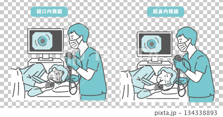 高齢女性の経口内視鏡と経鼻内視鏡の比較イラスト(苦痛と安楽の違い) 高齢女性の経口内視鏡と経鼻内視鏡の比較イラスト(苦痛と安楽の違い) 134338893