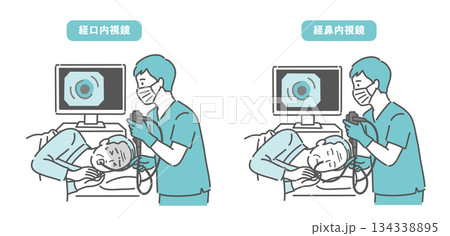高齢男性の経口内視鏡と経鼻内視鏡の比較イラスト（苦痛と安楽の違い） 134338895