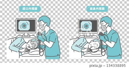 高齢男性の経口内視鏡と経鼻内視鏡の比較イラスト（苦痛と安楽の違い） 134338895