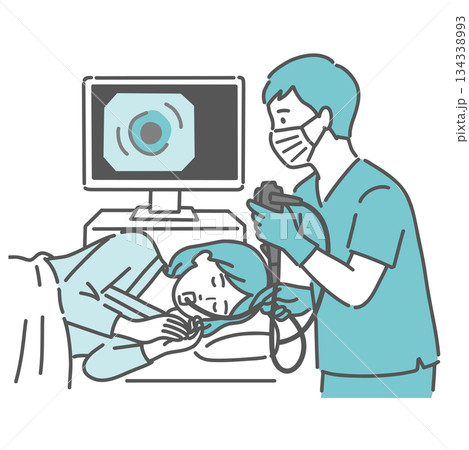 胃カメラ検査（経口内視鏡）を受ける女性と医師のイラスト 134338993