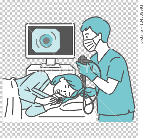 胃カメラ検査（経口内視鏡）を受ける女性と医師のイラスト 134338993