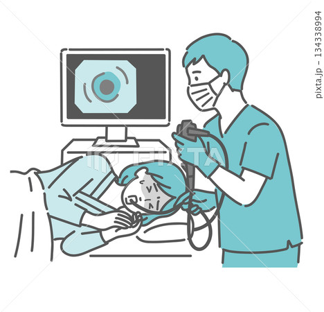 苦しい胃カメラ検査（鎮静剤なし・嘔吐反射）を受ける女性のイラスト 134338994