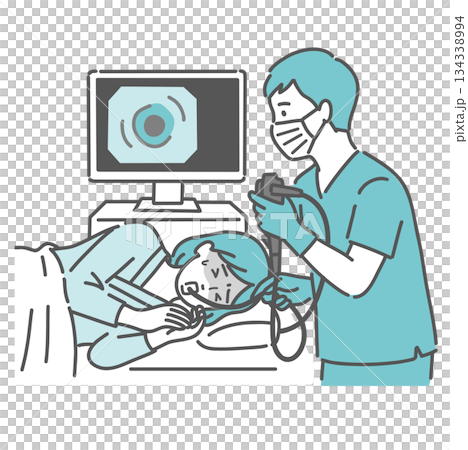 苦しい胃カメラ検査（鎮静剤なし・嘔吐反射）を受ける女性のイラスト 134338994