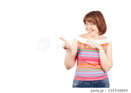 Smiling Woman Pointing Right Isolated on White Background Smiling Woman Pointing Right Isolated on White Background 134339004