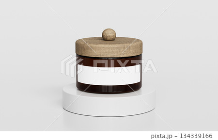 Glass Jar with Wooden Lid and Blank Label Mock up. 3D Rendering. 134339166