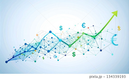 多様な市場の点を集めて構成された、緩やかな上昇インデックスラインのミニマルなベクターイラスト（インデ 134339193