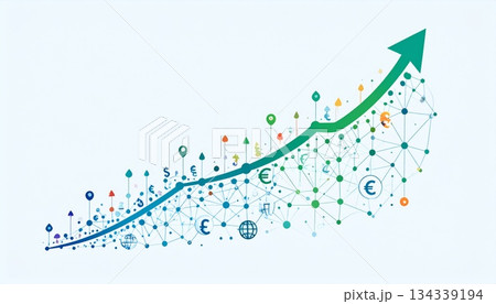 多様な市場の点を集めて構成された、緩やかな上昇インデックスラインのミニマルなベクターイラスト（インデ 134339194