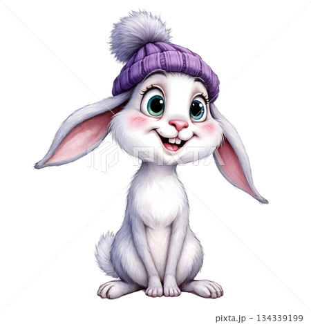 The image shows a painted white rabbit wearing a purple knitted hat with a pompom 134339199