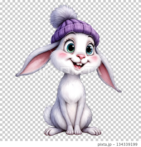 The image shows a painted white rabbit wearing a purple knitted hat with a pompom 134339199
