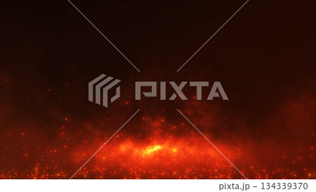 Glowing red fire particles and flying ashes on dark background. Abstract fiery texture for cinematic compositions, fantasy scenes, dramatic visuals, overlays and motion design backgrounds. 134339370