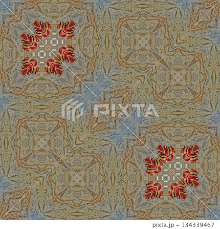 Mixed Embroidery Print Design Featuring Traditional Japanese Motifs. Elegant Textile Pattern for Fabric, Surface and Print Design 134339467