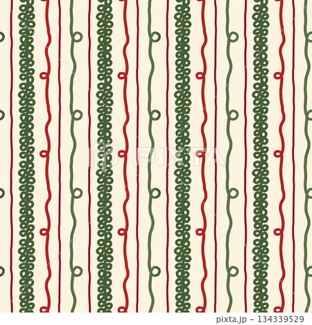 Festive abstract ornament vector seamless pattern. Hand drawn green, red wavy lines, loops, curls on light cream background. Simple modern stylized repeat design for Christmas, fabrics, holiday decor 134339529