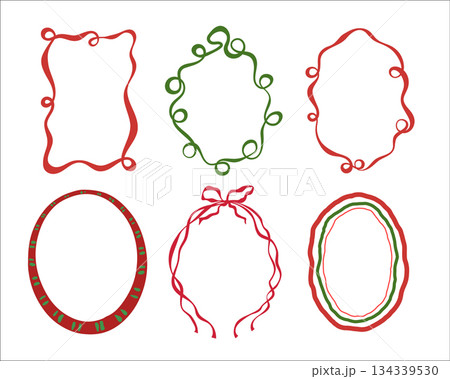Holiday frames vector set. Decorative red and green hand drawn frames isolated on white background. Festive oval and rectangular borders for greeting cards, invitations, Christmas, Birthday designs 134339530