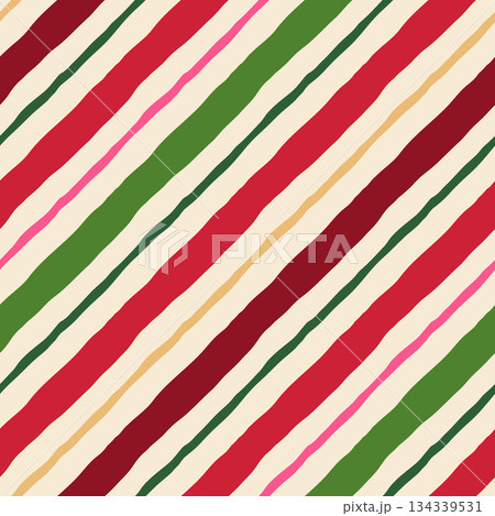 Colorful diagonal stripes vector seamless pattern. Modern playful versatile hand drawn bright wavy stripes repeat design on cream background. Festive, fun geometric tile for fabrics, wrapping, media 134339531