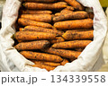 Carrots harvest in white bag 134339558