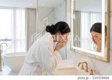 Asian woman washing face with water in bathroom. AI-generated item Asian woman washing face with water in bathroom. AI-generated item 134339666