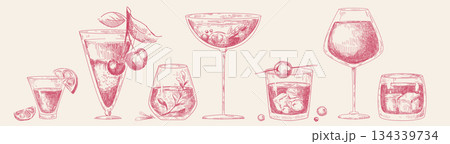 Sketch cocktail glasses set isolated on background 134339734
