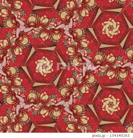Mixed Embroidery Print Design Featuring Iconic Traditional Motifs . Elegant and Detailed Japanese-Inspired Textile Pattern for Fabric, Surface, Apparel, Home Decor, and Print Design Projects 134340163