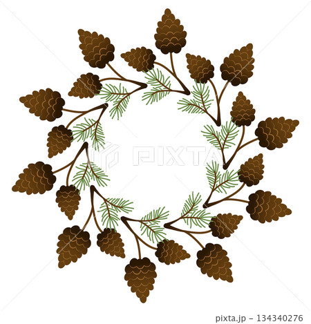 Christmas round wreath. Green New Year's frame decorated with fir branches and pine cones. Christmas round wreath. Green New Year's frame decorated with fir branches and pine cones. 134340276