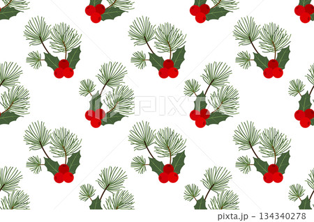 Festive Christmas pattern featuring fir branches and holly. Colorful ornament with green plants and red berries. Festive Christmas pattern featuring fir branches and holly. Colorful ornament with green plants and red berries. 134340278