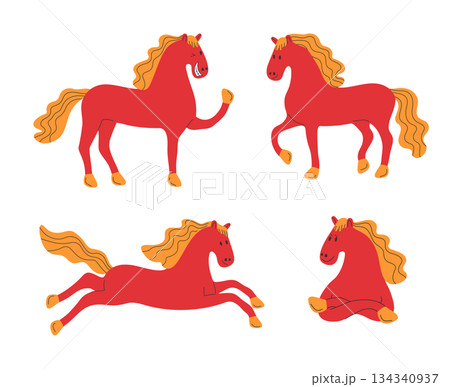 Cute hand drawn red horses set. New Year 2026 Horse symbol. Cartoon pony. Vector illustration Cute hand drawn red horses set. New Year 2026 Horse symbol. Cartoon pony. Vector illustration 134340937