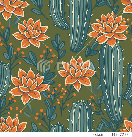 Cactus and echeveria flower seamless vector textile design perfect for paper packaging, stationery, apparel, or print decoration. Cactus and echeveria flower seamless vector textile design perfect for paper packaging, stationery, apparel, or print decoration. 134342278