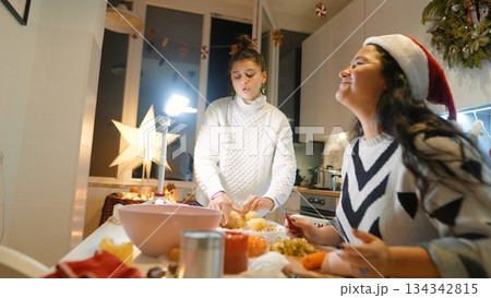 Two companions smile amid holiday chaos and cheerful ambience Two companions smile amid holiday chaos and cheerful ambience 134342815