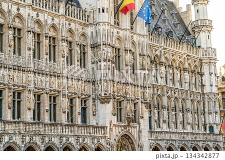 Brussels City Hall wall facade on Grand Place square Belgium Guildhall Building. Old houses architecture building in city center Square. 134342877