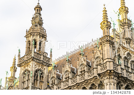 Tower Grand Place square Belgium Guildhall Building. Old houses gothic architecture building in city center Square. Tower Grand Place square Belgium Guildhall Building. Old houses gothic architecture building in city center Square. 134342878