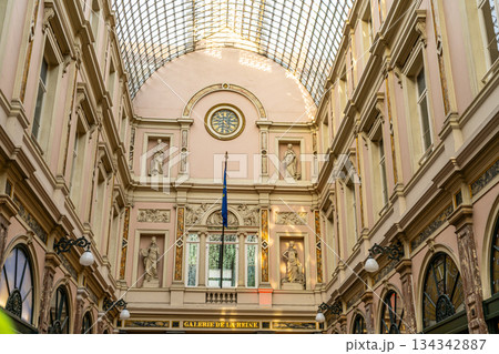 Shop street in Brussels Royal Galleries of St. Hubert. Old building architecture in Belgium 134342887