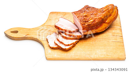smoked pork close-up on a white smoked pork close-up on a white 134343091