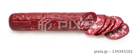 smoked sausages close-up on a white 134343102