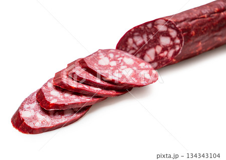 smoked sausages close-up on a white 134343104