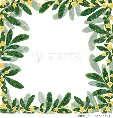 A square frame of fir branches and stars. Hand-drawn watercolor illustration, cartoon. holiday, New Year, Christmas, winter, cozy, stars, magic, kids, object, spruce, forest, natural, wood A square frame of fir branches and stars. Hand-drawn watercolor illustration, cartoon. holiday, New Year, Christmas, winter, cozy, stars, magic, kids, object, spruce, forest, natural, wood 134343304