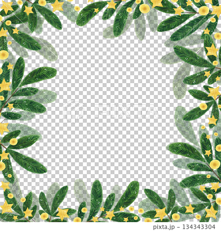 A square frame of fir branches and stars. Hand-drawn watercolor illustration, cartoon. holiday, New Year, Christmas, winter, cozy, stars, magic, kids, object, spruce, forest, natural, wood 134343304