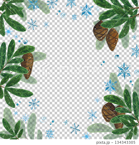 Hand drawn watercolor illustration. Festive, New Year's card, frame. Holiday, new year, christmas, winter, snowflake, pine cone, fir branch, pine needles, scrapbooking 134343305