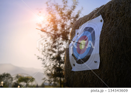 archery target hit by one arrows 134343609
