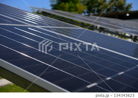 Closeup shot Solar panel with sunlight 134343623