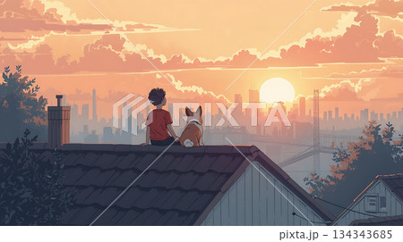 Lo-Fi Sunset Cityscape with Boy and Corgi on Roof Lo-Fi Sunset Cityscape with Boy and Corgi on Roof 134343685