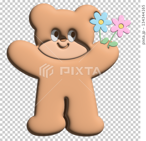 Inflated 3D of teddy bear holding flowers for model, merchandise, cartoon character, comic, mascot, mood, emotion, feeling, zoo, souvenir shop, animal brooch, sticker, art toy, kid doll, standee 134344165