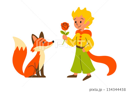 The little prince, the fox, the rose from the classic story, perfect for literary themes, vector illustartion The little prince, the fox, the rose from the classic story, perfect for literary themes, vector illustartion 134344438