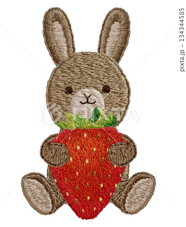 【イチゴとウサギのぬいぐるみ】手刺繍イラスト素材 【イチゴとウサギのぬいぐるみ】手刺繍イラスト素材 134344585