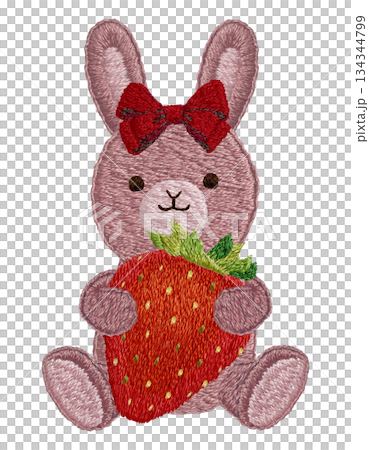 【イチゴとウサギのぬいぐるみ】手刺繍イラスト素材 【イチゴとウサギのぬいぐるみ】手刺繍イラスト素材 134344799